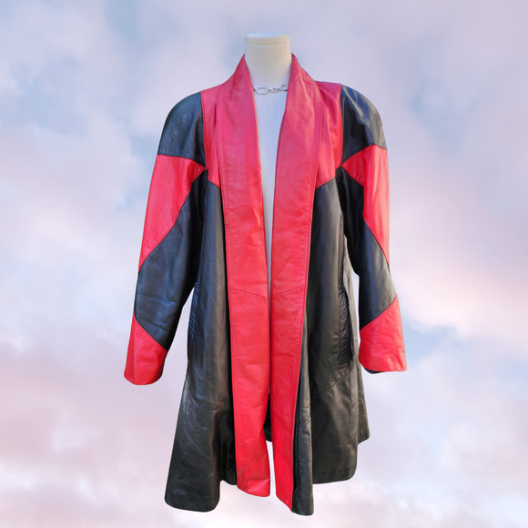 Vintage Other - Vtg 80s David Benjamin Long Red Black Geometric Leather Funky Abstract Coat Sz S